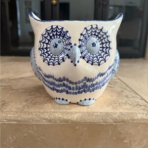 Blue and White Ceramic Owl Planter